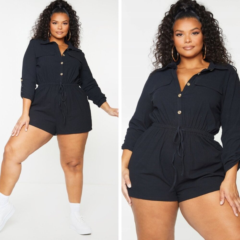 Pretty Little Thing Black Button Up Romper - Size US 1X